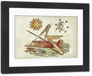 A framed picture of a book and tools